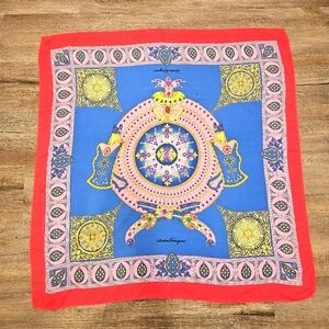 Salvatore Ferragamo Blue Pink Jeweled Dagger Arrow Square 100% Silk Scarf France